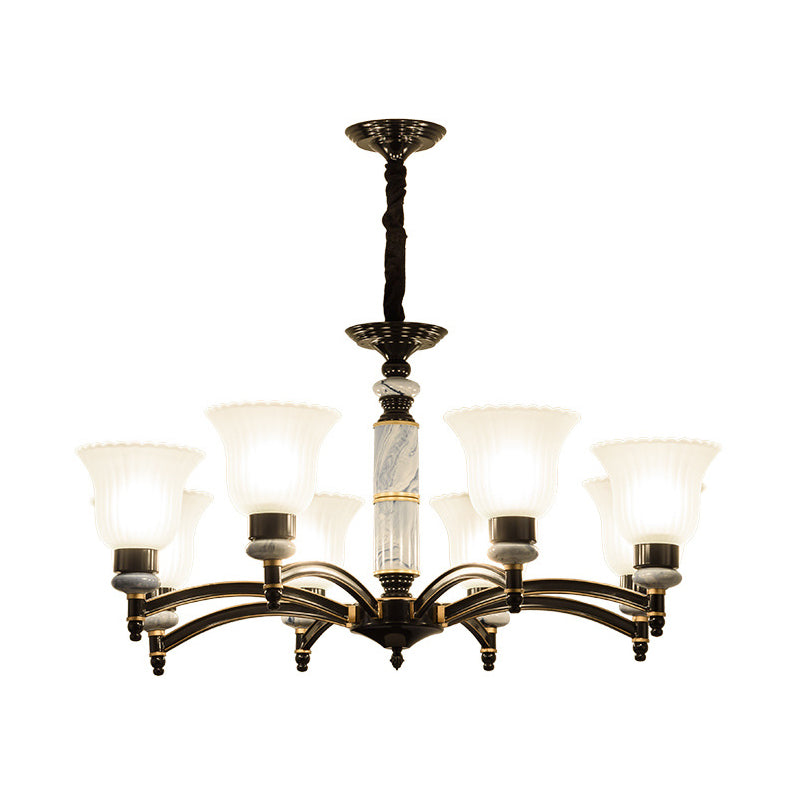 Vintage Black Frosted Glass Flared Chandelier With Scalloped Edge For Bedroom Pendant Lighting