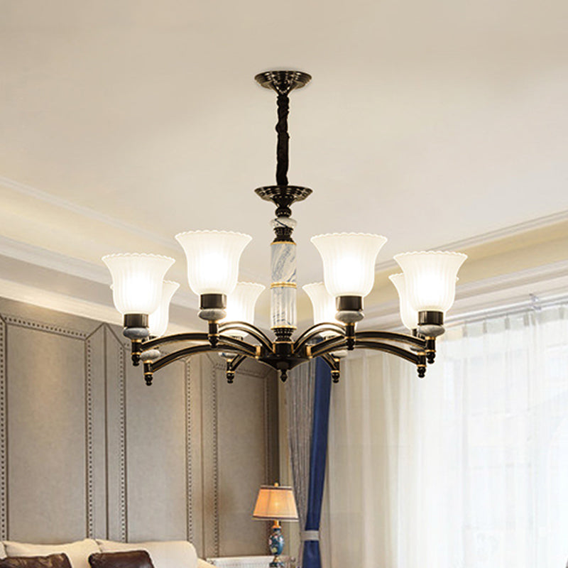 Vintage Black Frosted Glass Flared Chandelier With Scalloped Edge For Bedroom Pendant Lighting