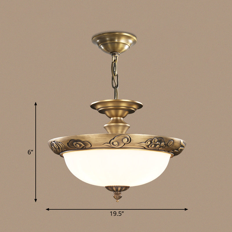 Antique Style Bronze Bowl Suspension Light With White Glass - Corridor Chandelier Pendant 4 / Cloud