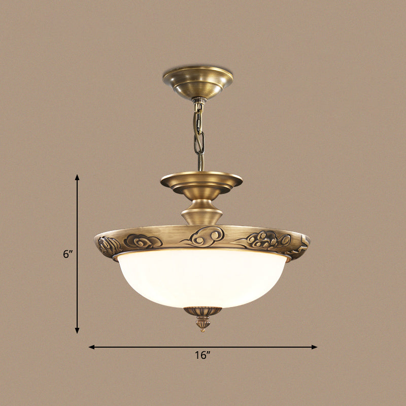 Antique Style Bronze Bowl Suspension Light With White Glass - Corridor Chandelier Pendant 3 / Cloud