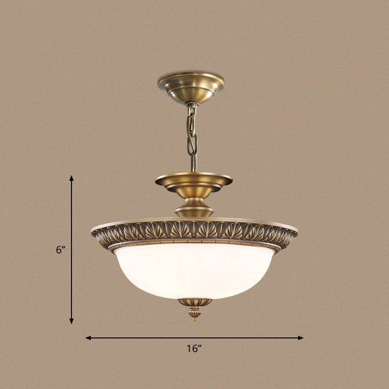 Antique Style Bronze Bowl Suspension Light With White Glass - Corridor Chandelier Pendant 3 / Leaf