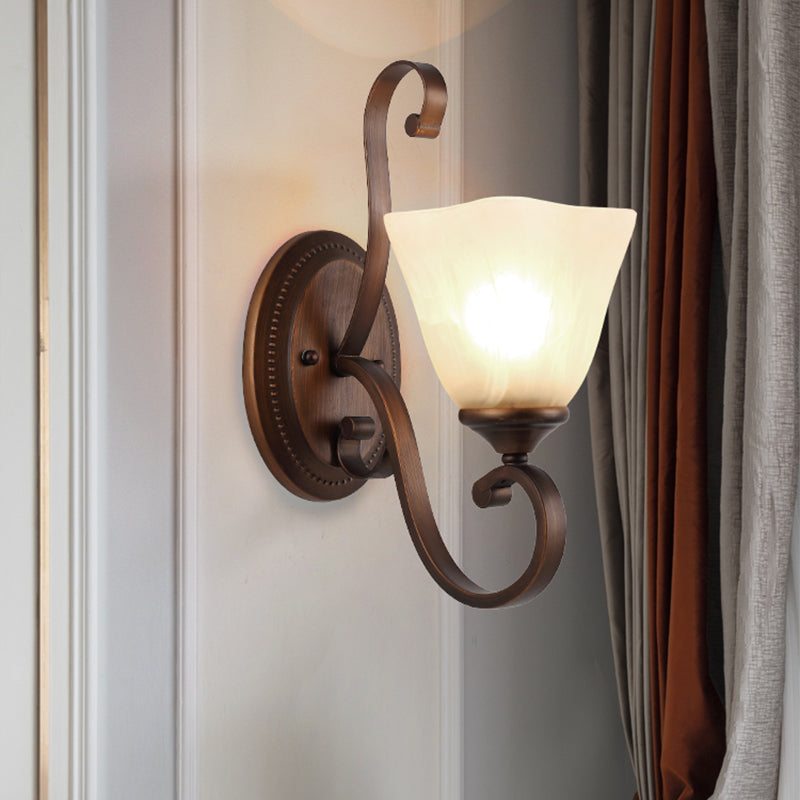 Country Dining Room Wall Sconce With Beige Glass Shade & Coffee Scroll Arm