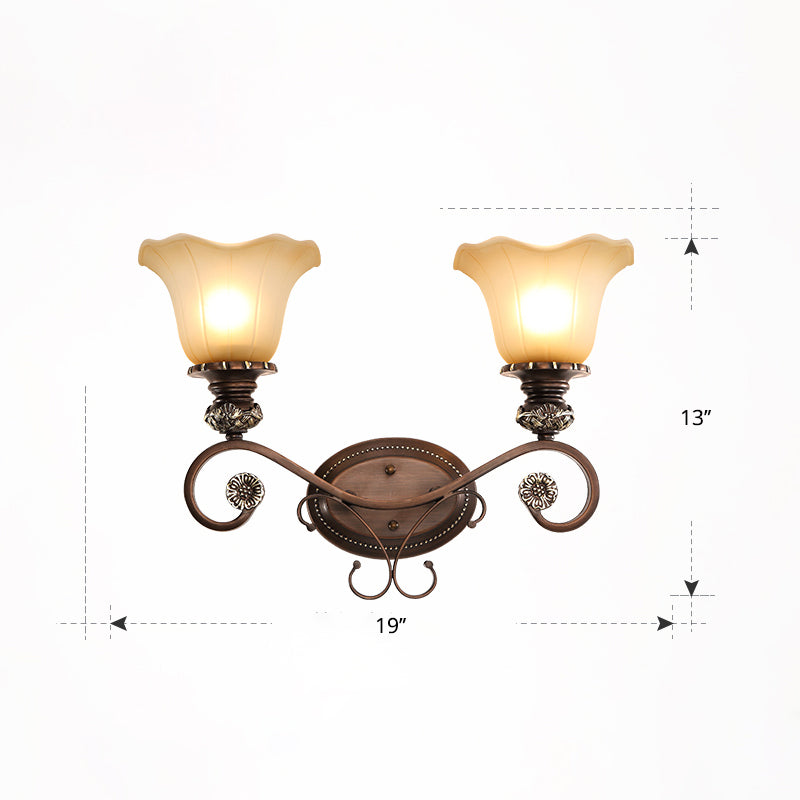 Country Dining Room Wall Sconce With Beige Glass Shade & Coffee Scroll Arm 2 / Flower Shape