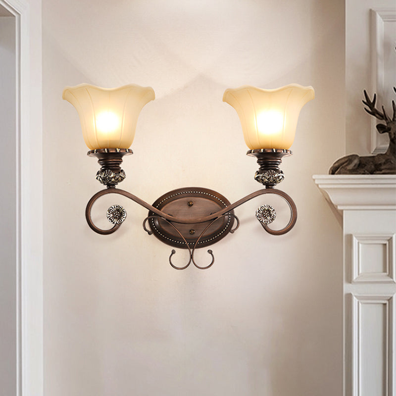 Country Dining Room Wall Sconce With Beige Glass Shade & Coffee Scroll Arm