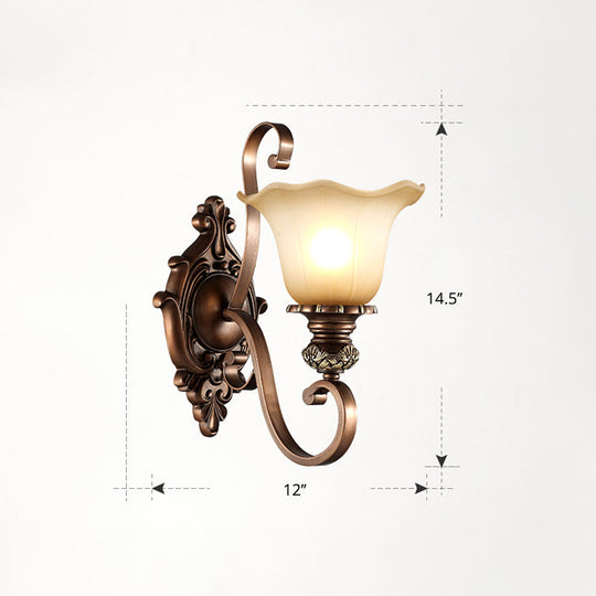 Country Dining Room Wall Sconce With Beige Glass Shade & Coffee Scroll Arm 1 / Flower Shape