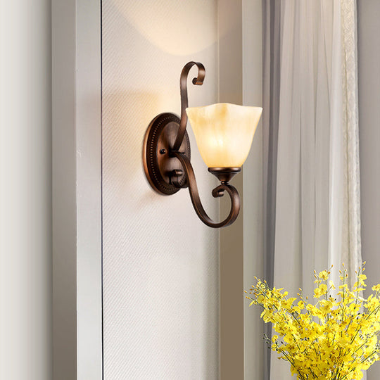 Country Dining Room Wall Sconce With Beige Glass Shade & Coffee Scroll Arm