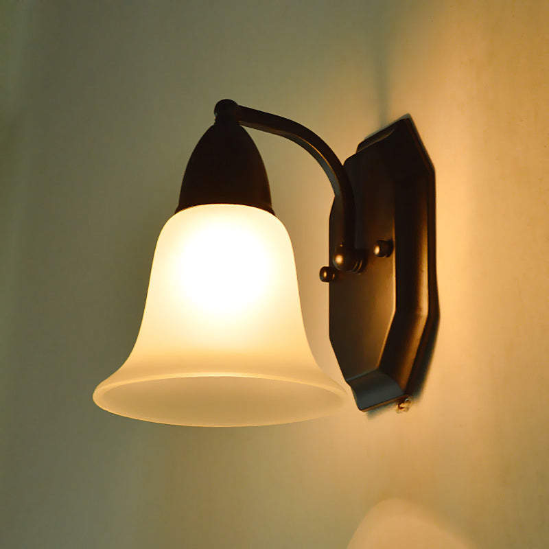 Country Style Frosted Glass Flared Wall Lamp In Black: Single Corridor Light