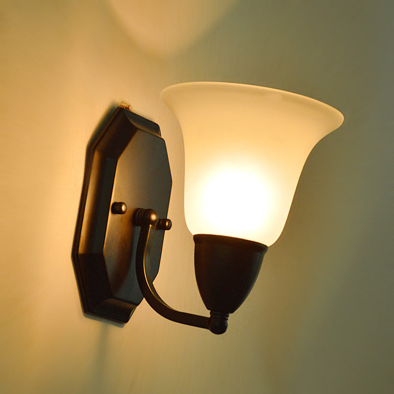 Country Style Frosted Glass Flared Wall Lamp In Black: Single Corridor Light