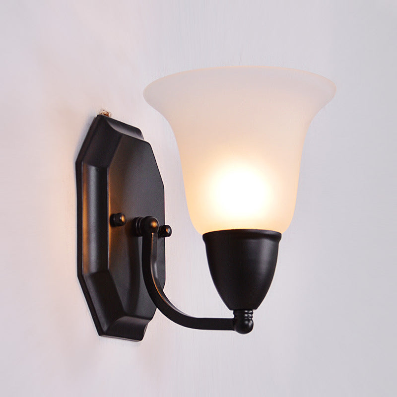 Country Style Frosted Glass Flared Wall Lamp In Black: Single Corridor Light