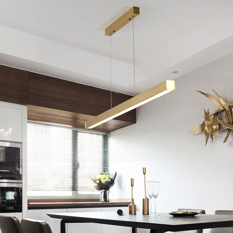 Sleek Brass Island Lamp: Simplicity Pole-Shaped Led Suspension Lighting For Acrylic Dining Rooms