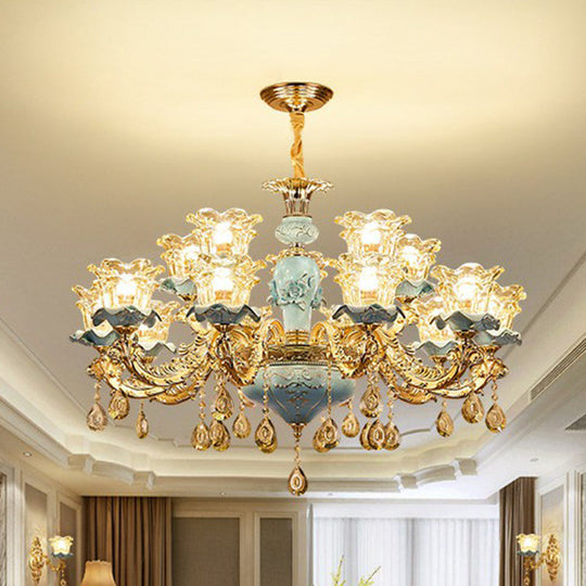 Blue Layered Flower Chandelier - Traditional Bedroom Suspension Light With Clear Crystal Glass