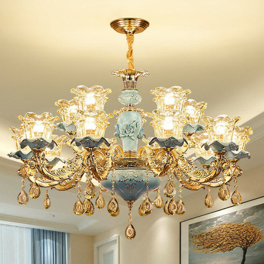 Blue Layered Flower Chandelier - Traditional Bedroom Suspension Light With Clear Crystal Glass