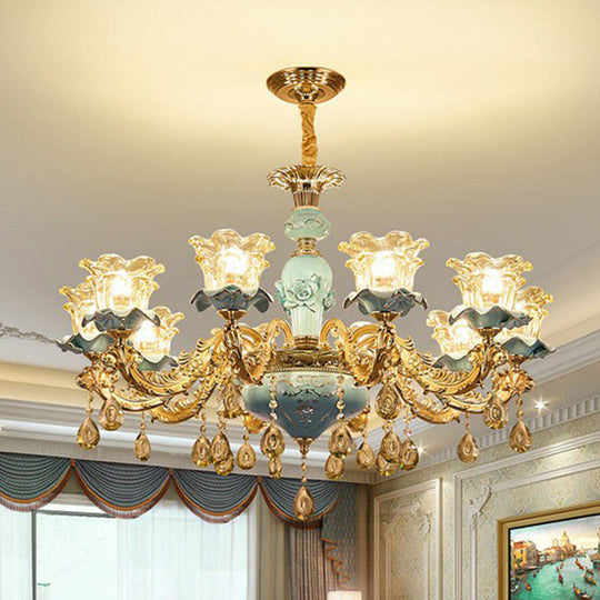 Blue Layered Flower Chandelier - Traditional Bedroom Suspension Light With Clear Crystal Glass