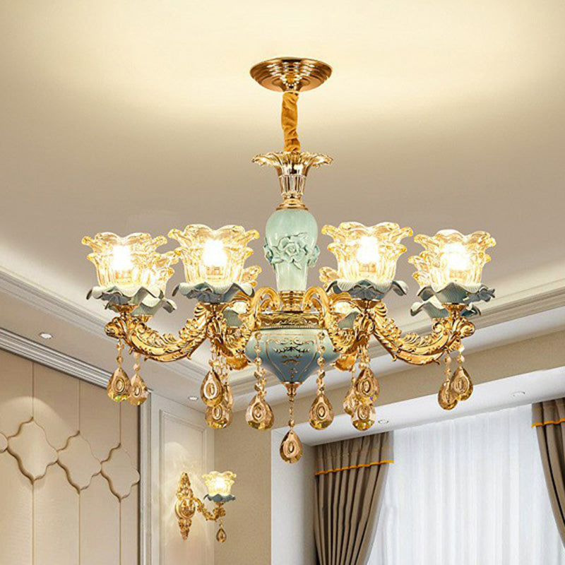 Blue Layered Flower Chandelier - Traditional Bedroom Suspension Light With Clear Crystal Glass