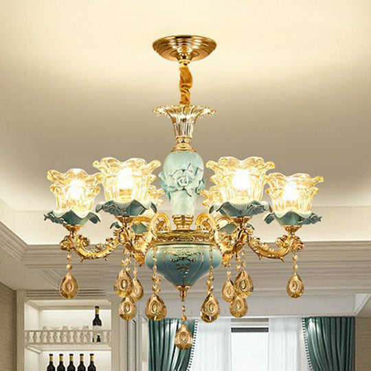 Blue Layered Flower Chandelier - Traditional Bedroom Suspension Light With Clear Crystal Glass