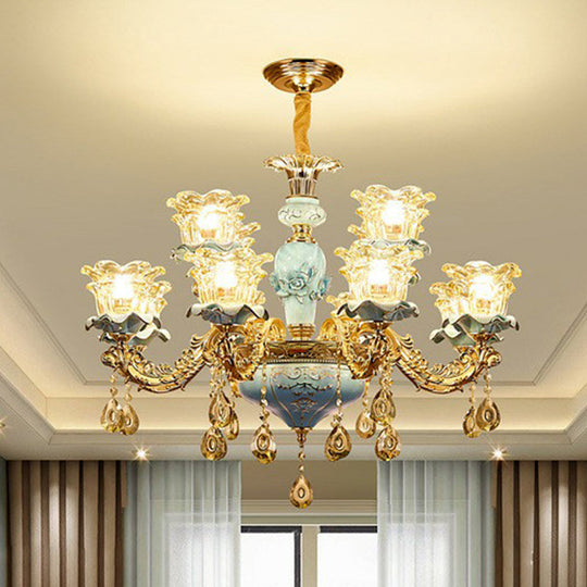 Blue Layered Flower Chandelier - Traditional Bedroom Suspension Light With Clear Crystal Glass