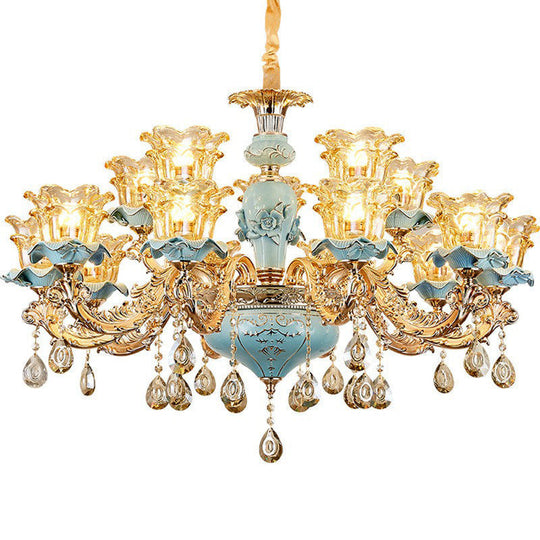 Blue Layered Flower Chandelier - Traditional Bedroom Suspension Light With Clear Crystal Glass