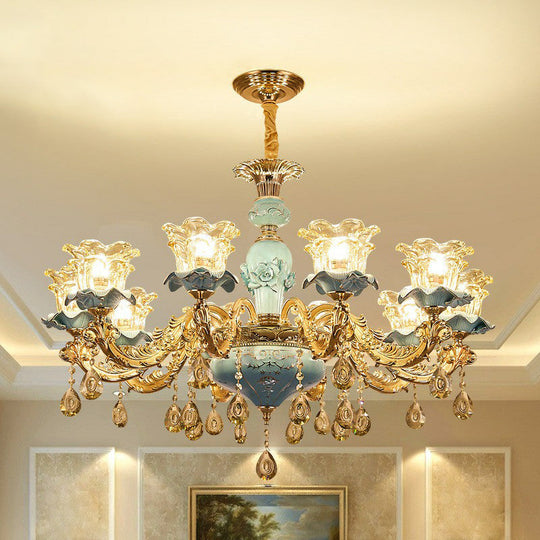 Blue Layered Flower Chandelier - Traditional Bedroom Suspension Light With Clear Crystal Glass 10 /