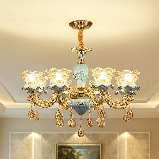 Blue Layered Flower Chandelier - Traditional Bedroom Suspension Light With Clear Crystal Glass 8 /