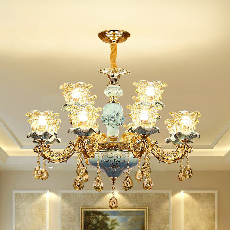 Blue Layered Flower Chandelier - Traditional Bedroom Suspension Light With Clear Crystal Glass 12 /