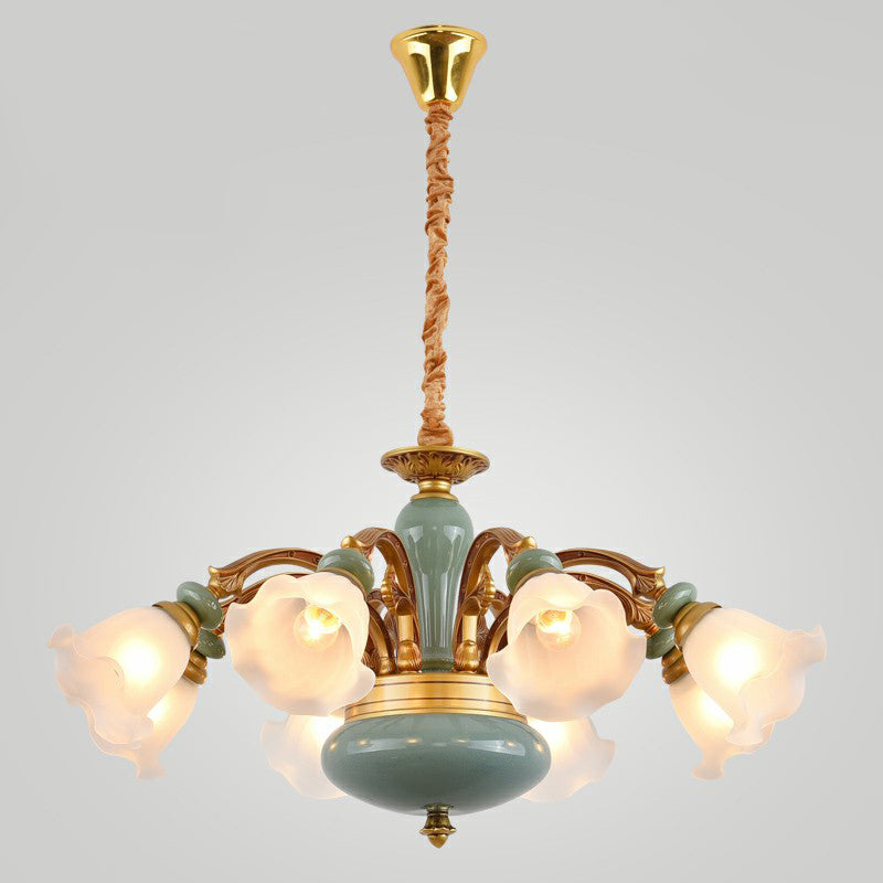 Vintage Flower Opal Frosted Glass Chandelier: Brown-Blue Hanging Light For Living Room 8 / Brown