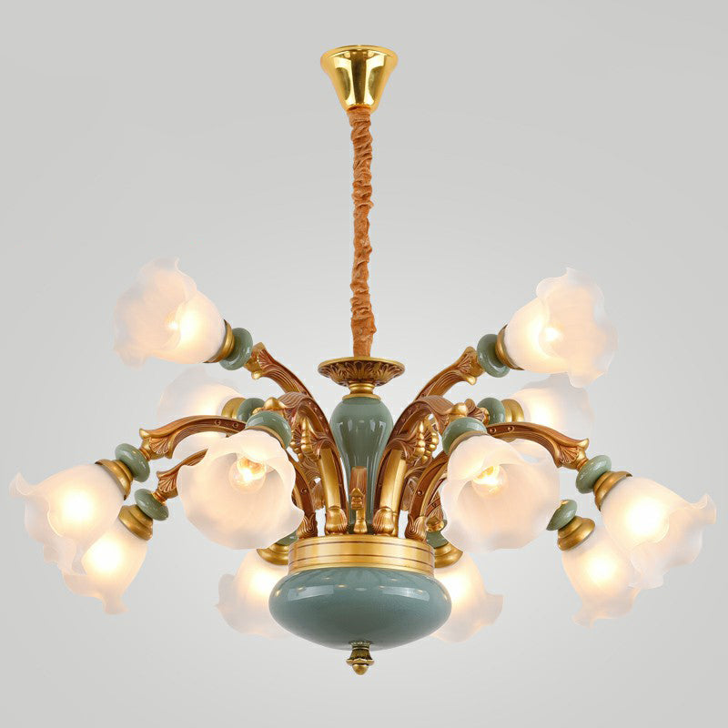 Vintage Flower Opal Frosted Glass Chandelier: Brown-Blue Hanging Light For Living Room 12 / Brown