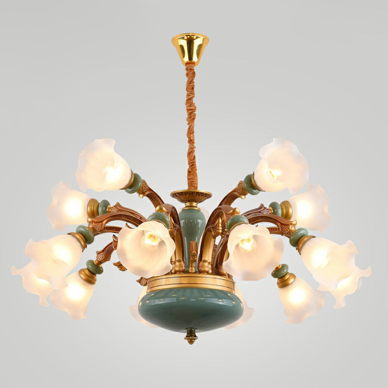 Vintage Flower Opal Frosted Glass Chandelier: Brown-Blue Hanging Light For Living Room 15 / Brown