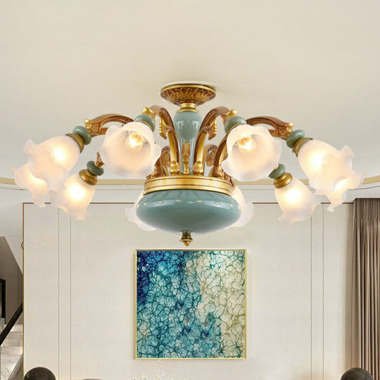 Vintage Flower Opal Frosted Glass Chandelier: Brown-Blue Hanging Light For Living Room