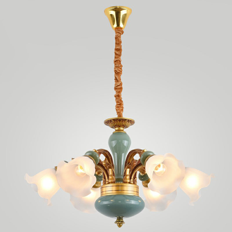 Vintage Flower Opal Frosted Glass Chandelier: Brown-Blue Hanging Light For Living Room 6 / Brown