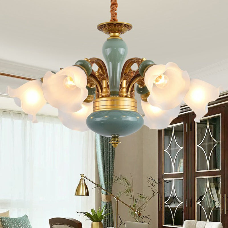 Vintage Flower Opal Frosted Glass Chandelier: Brown-Blue Hanging Light For Living Room