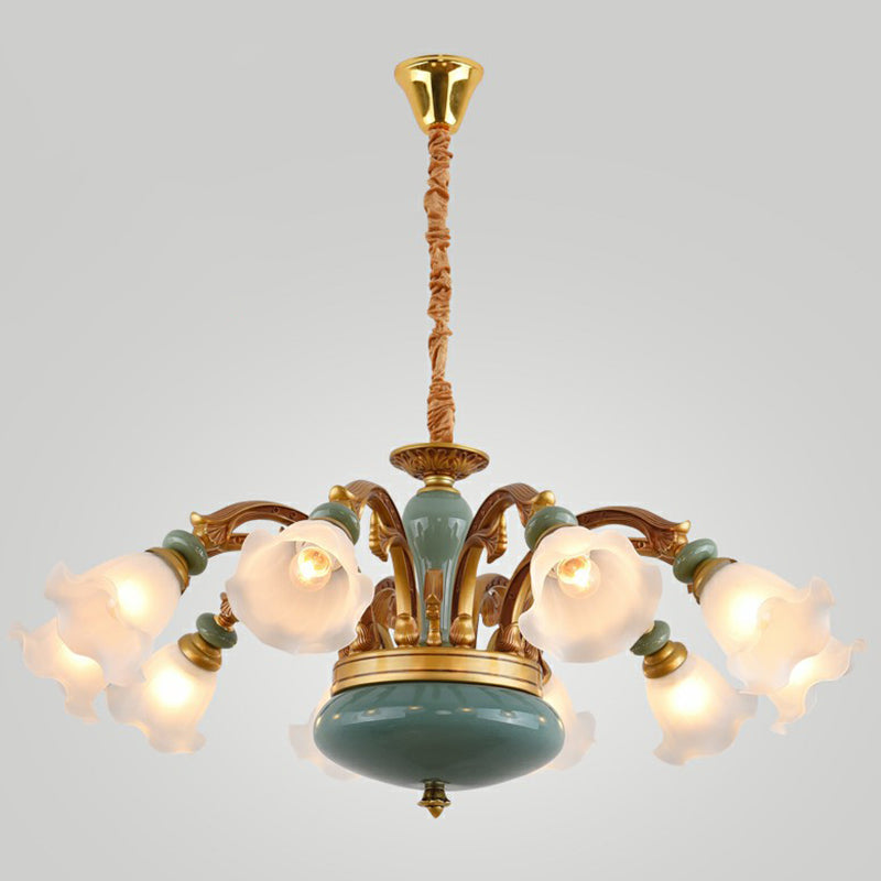 Vintage Flower Opal Frosted Glass Chandelier: Brown-Blue Hanging Light For Living Room 10 / Brown