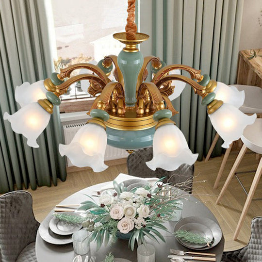 Vintage Flower Opal Frosted Glass Chandelier: Brown-Blue Hanging Light For Living Room