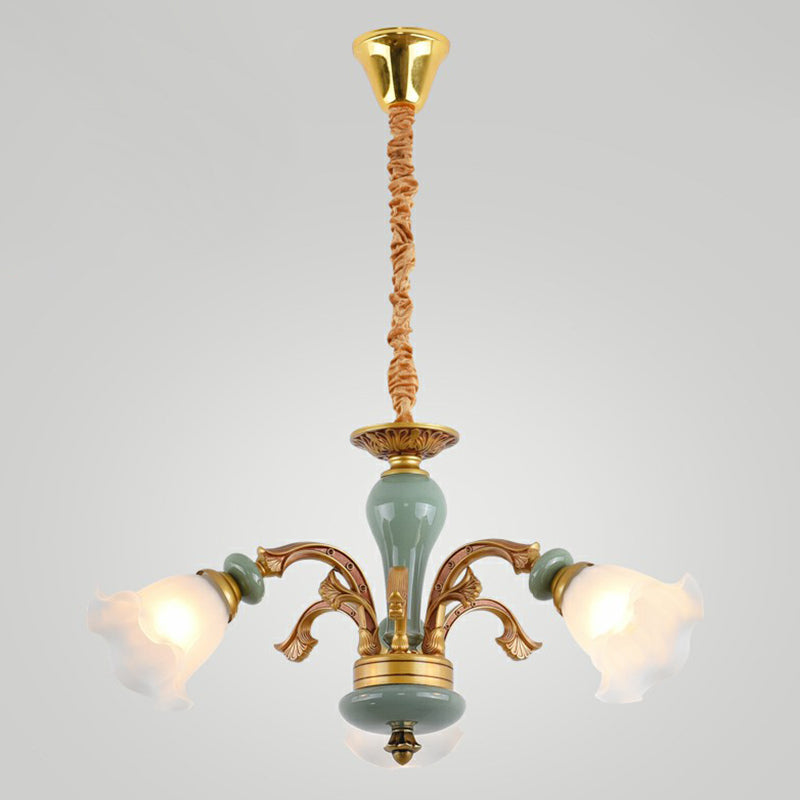 Vintage Flower Opal Frosted Glass Chandelier: Brown-Blue Hanging Light For Living Room 3 / Brown