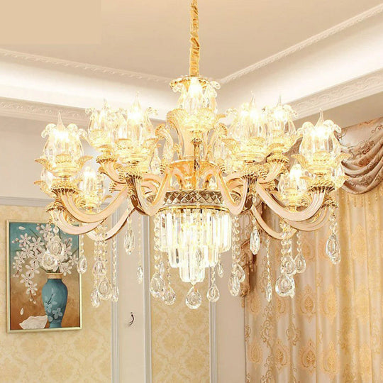 Opulent Crystal Beige Ceiling Flower Chandelier - Traditional Dining Room Light