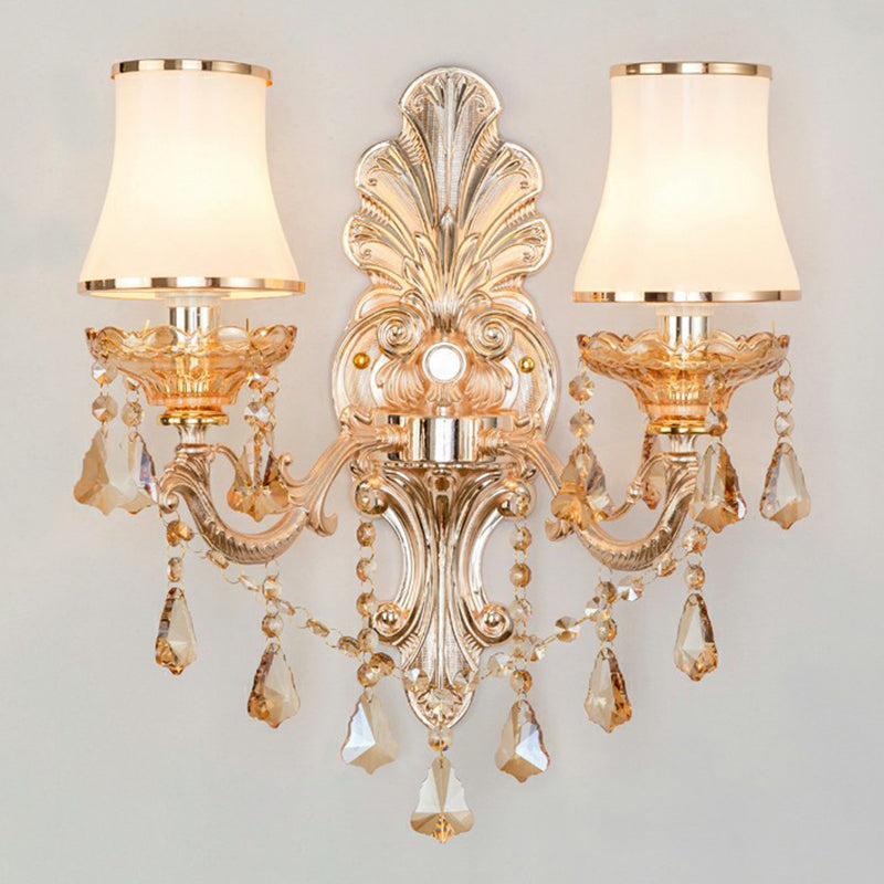 Victorian Metal Wall Sconce With Candlelight Shade And Crystal Décor 2 / Silver Cylinder