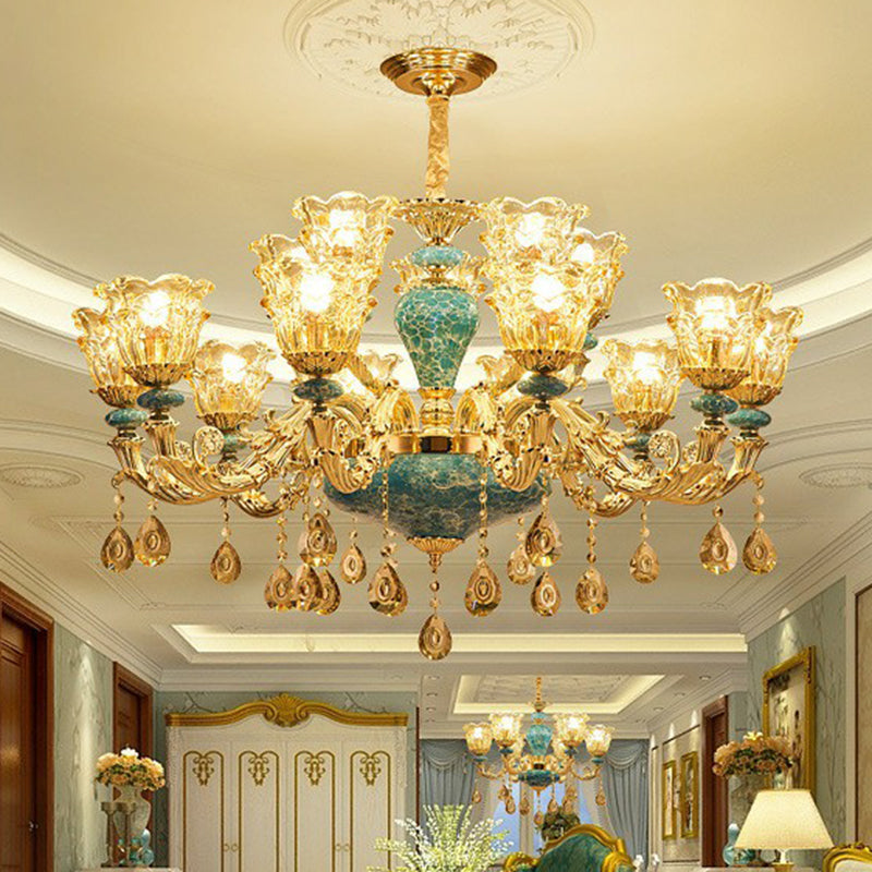 Blue Traditional Flower Up Chandelier - Luxurious Clear Glass Suspension Light With Crystal Drops