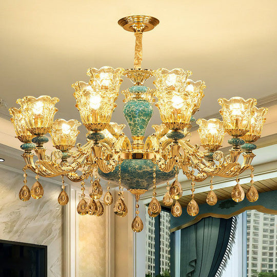 Blue Traditional Flower Up Chandelier - Luxurious Clear Glass Suspension Light With Crystal Drops