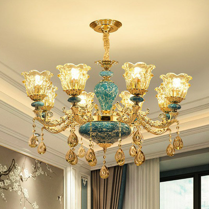 Blue Traditional Flower Up Chandelier - Luxurious Clear Glass Suspension Light With Crystal Drops