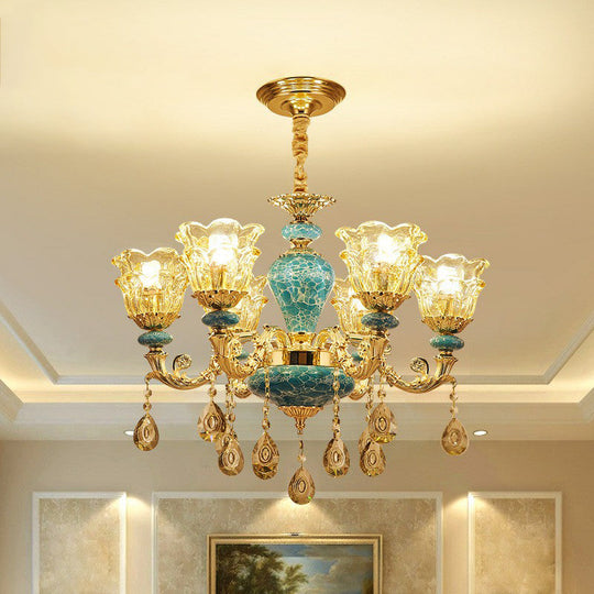 Blue Traditional Flower Up Chandelier - Luxurious Clear Glass Suspension Light With Crystal Drops 6