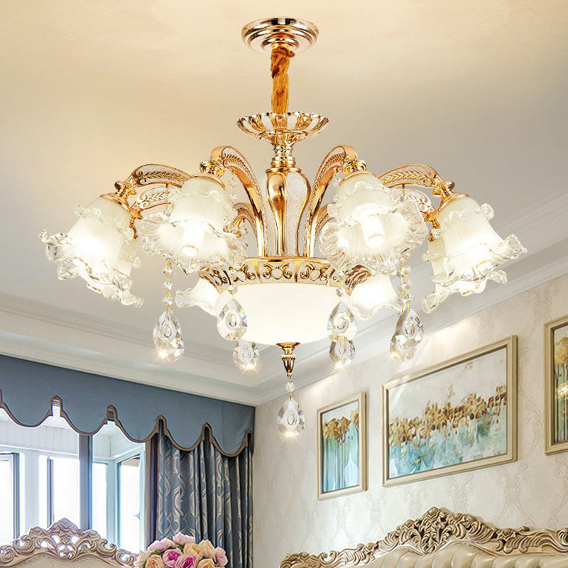 Transitional Ruffled Glass Chandelier Light For Living Room - Hanging Ceiling Fixture