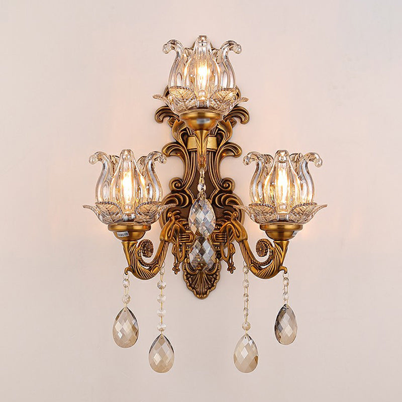 Antique Style 3-Light Candle Wall Sconce With Crystal Droplet - Metallic Mount Light