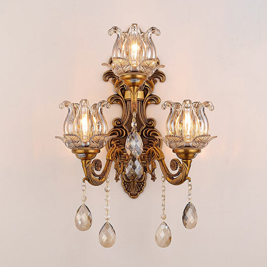 Antique Style 3-Light Candle Wall Sconce With Crystal Droplet - Metallic Mount Light Brown