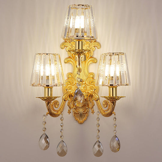 Antique Style 3-Light Candle Wall Sconce With Crystal Droplet - Metallic Mount Light Gold