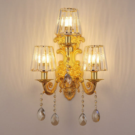 Antique Style 3-Light Candle Wall Sconce With Crystal Droplet - Metallic Mount Light