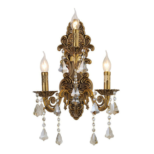 Antique Style 3-Light Candle Wall Sconce With Crystal Droplet - Metallic Mount Light