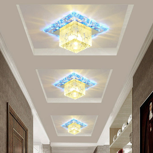 Minimalist LED Cube Crystal Ceiling Lamp for Hallways - Clear Flush Mount Light