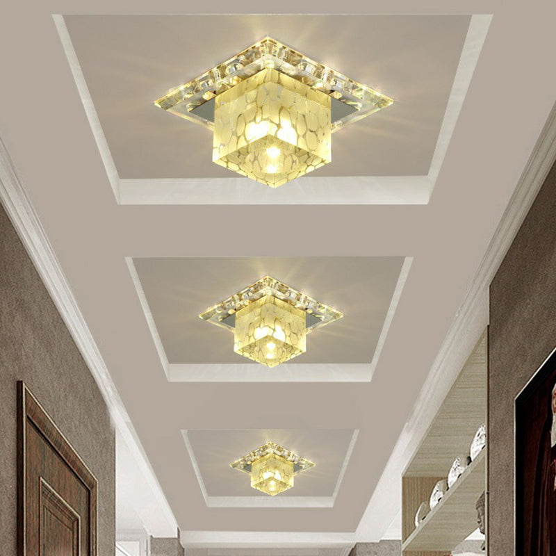 Minimalist LED Hallway Ceiling Lamp with Cube Crystal Shade - Clear Flush Mount Light