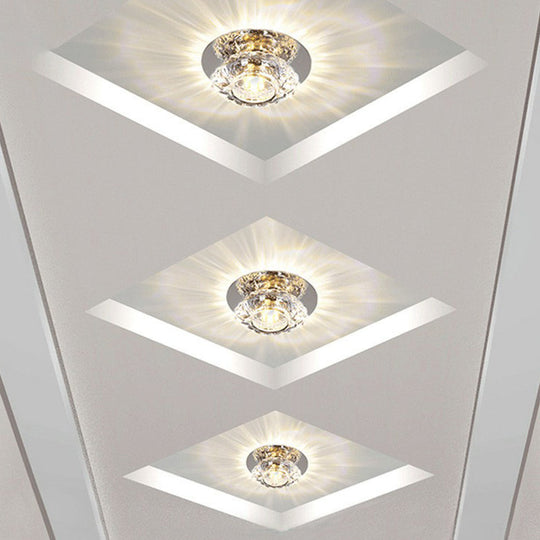 Simple Clear Crystal Entryway Led Flush Light Fixture - Round Mini Ceiling Mount