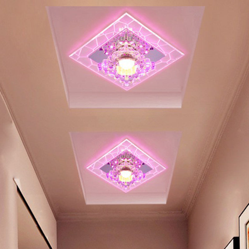 Modern Crystal Led Flush Mount Ceiling Light For Foyer - Clear Square Design / Pink