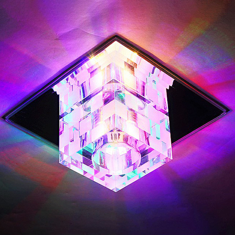 Minimalist LED Ceiling Fixture with Checkered Pattern - Clear Crystal Cube Flush Mount Lamp for Living Room